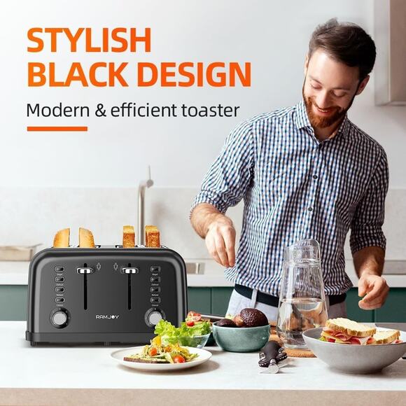 Black Toaster 4 Slice, Dual Independent Controls, Extra Wide Slot Toasters for B - Picture 2 of 8